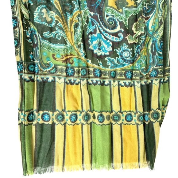Chicos Peacock Paisley Print Scarf Oblong Eyelash Fringe Summer Spring Turquoise - Picture 8 of 14